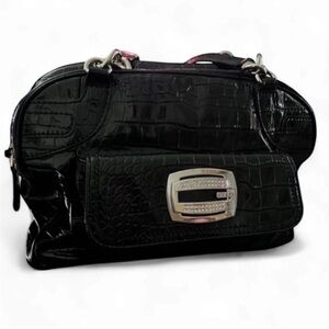Guess Black Croc-Embossed Handbag with Silver Accents – Pre-Owned